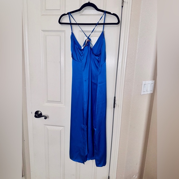 Arnhem Elegant Blue Midi Dress w/ adjustable straps for low back empire waist - Picture 2 of 10